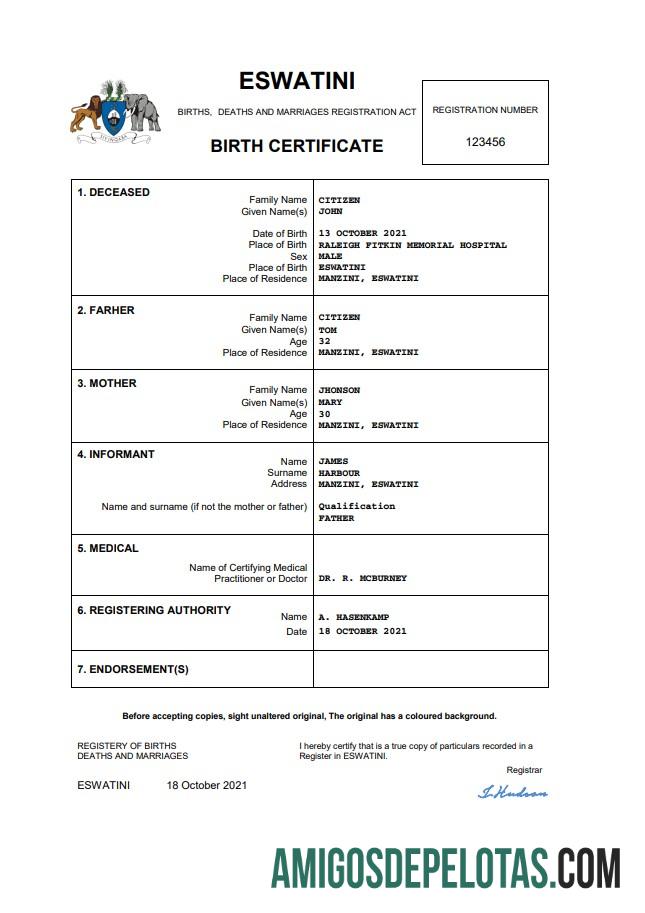 Em branco modelo Word e PDF de certidão de nascimento de Eswatini